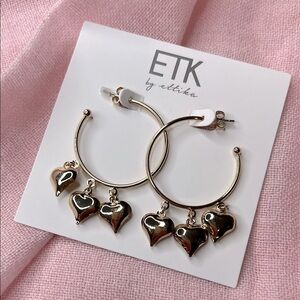 Ettika Triple Heart Charm Hoop Earrings gold brand new